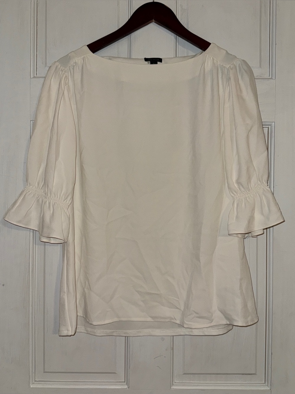 ANN TAYLOR Women's White Boatneck Bell Sleeve Blouse Size L